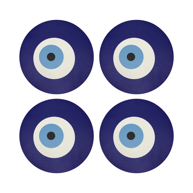 Evil Eye White White Vegan Leather Round Coasters