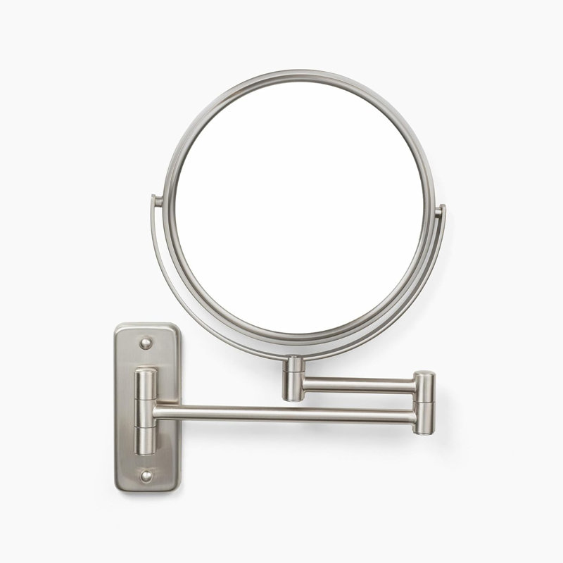 Wall-Mounted Bathroom Magnifying Makeup Mirror With 5X Magnification, 8-Inch Diameter, 360° Swivel & Extendable Arm, Nickel Finish