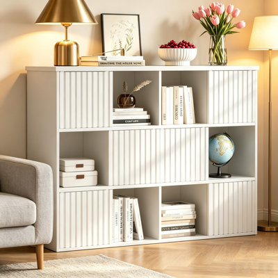 Freestanding Industrial Bookshelf, 12 Cube Storage Cabinet with Fluted Sliding Door, Decor Display Bookcase for Indoor Use, White