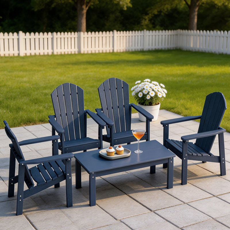 5-piece Hdpe Adirondack Patio Furniture Set - 4 Stackable Chairs & 1 Large Side Table, All-weather, Uv Resistant, Navy