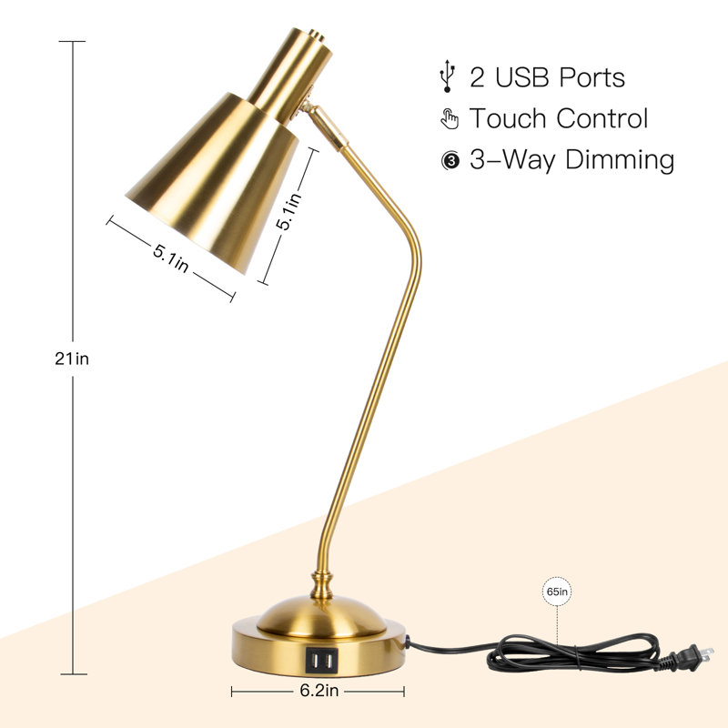 Dimmable Table Lamp With Usb And Touch Control, Gold