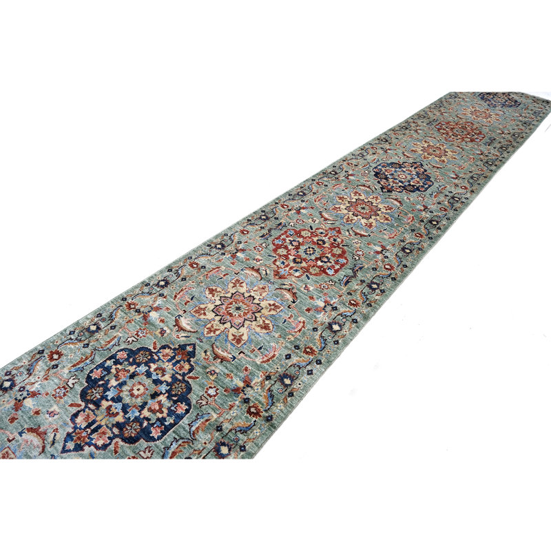 Hand Knotted Wool Area Rug in Green