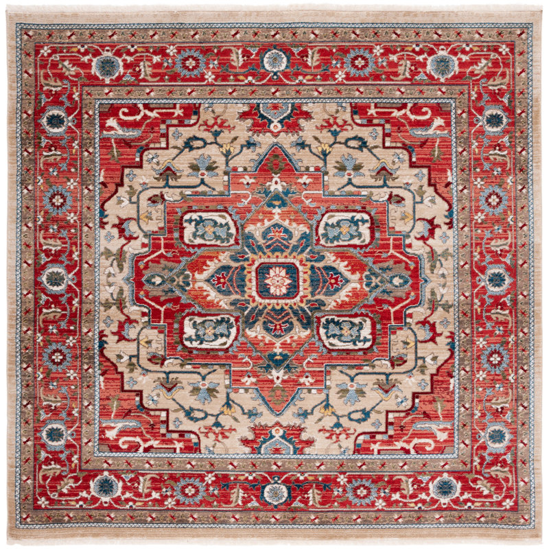 Tapis tissé à plat en polypropylène, rouge / beige Ralph Lauren, Carré 6 pi 7 po