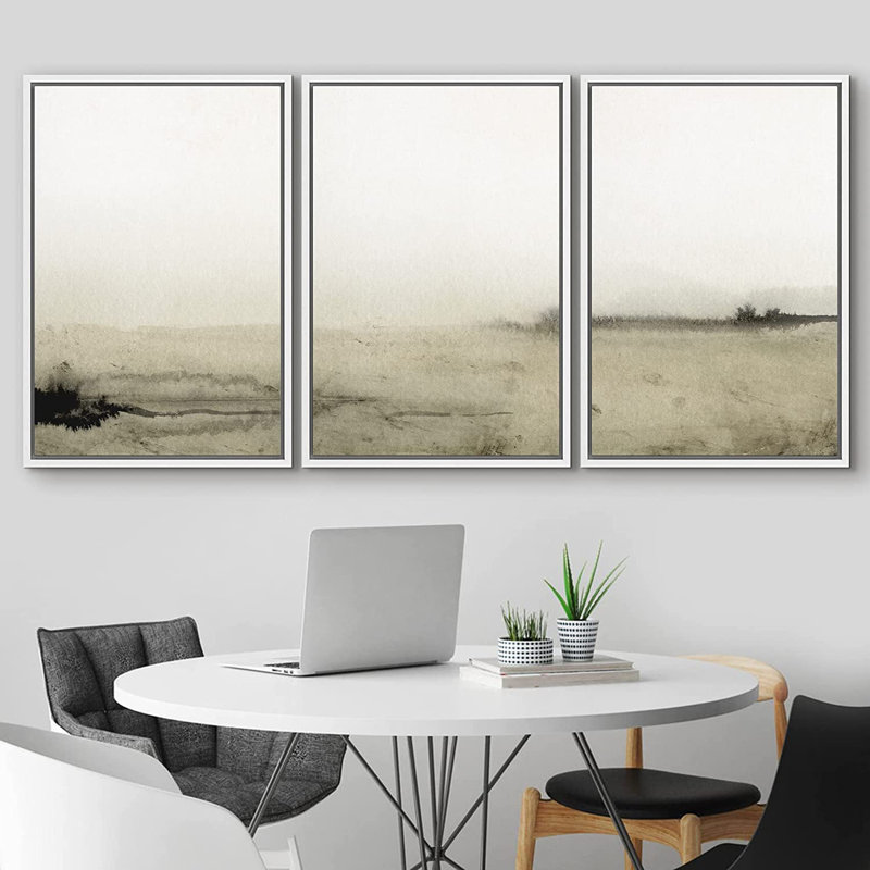 «Minimal Landscape», ensemble de 3 peintures encadrées sur toile, H 36 po x l 72 po x P 1,5 po, Blanc