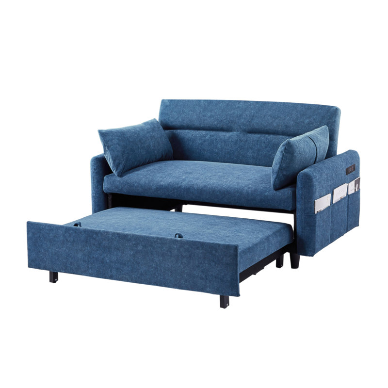 Canapé-lit avec canapé-lit 55,1 po avec dossier ajustable, poches de rangement, 2 coussins moelleux, ports USB, Blue