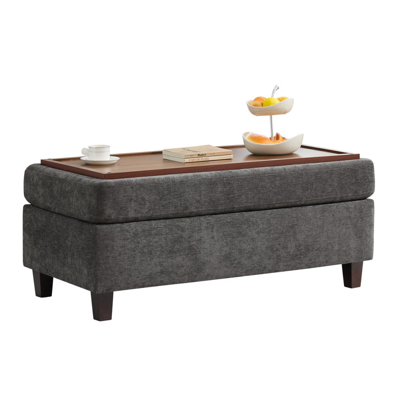 Multi-Functional Ottoman Bench for Living Room, Flip-Top Design with Wooden/Cushion Reversible Lid, Dark Gray