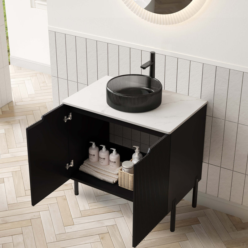 Meuble-lavabo de salle de bain 24 po avec lavabo, meuble de rangement autoportant avec 2 portes, lavabo en céramique avec motif en pierre et comptoir blanc de Carrare, sans robinet, couleur noire