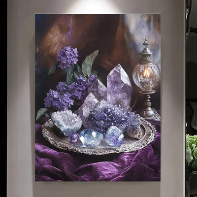 60*40,1pc with frame --Mysterious Purple Crystal Crystal Decorative Theme Canvas Wall Art Framed Painting Clearance Sale, 2D Flat, Suitable for Easter, Mother's Day, Mardi Gras.