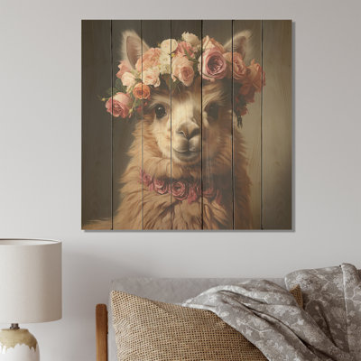 Floral Alpaca Portrait Wool Grandeur III - Boho Tiles On Wood Print
