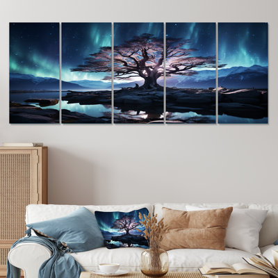 «Blue and Pink Tree In Northern Lights II», ensemble d'art mural 5 pièces