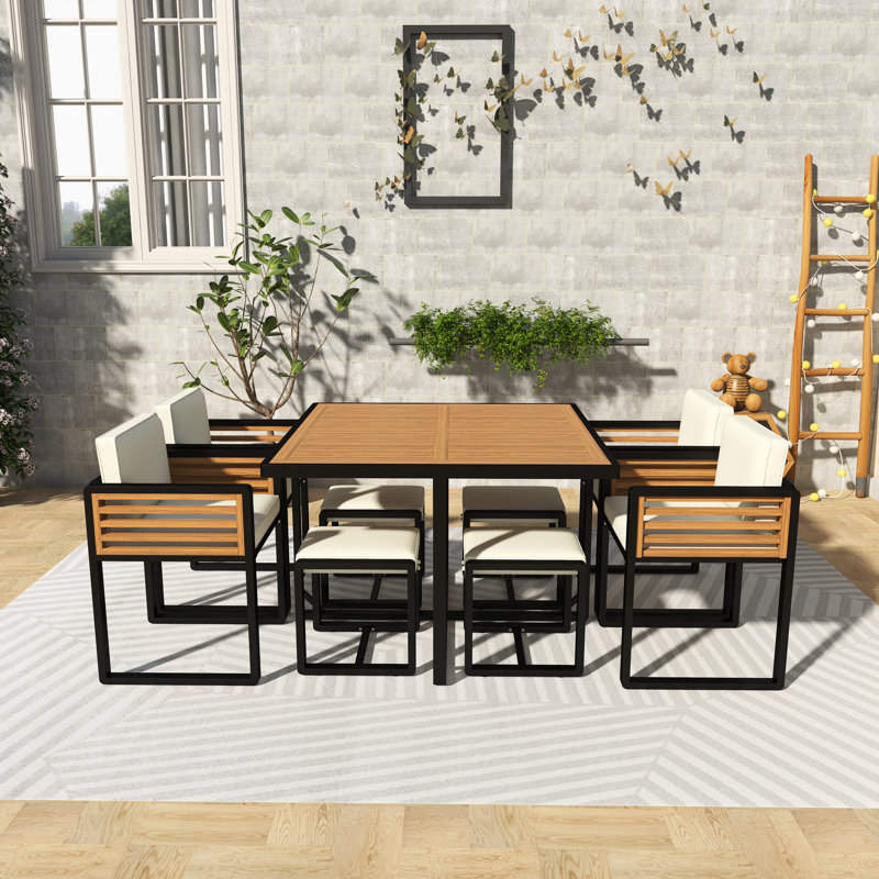 Ensemble repas d'extérieur carré 9 pièces avec coussins 9 pièces, Beige