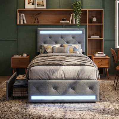 UK&EU Size Smart LED Linen Upholstery Drawer Storage Bed With Charging Station Headboard, 2 USB&1 Type-C, Dark Grey,  90/140/160X190/200cm)