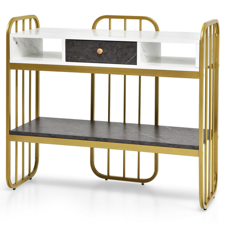 White Faux Marble and Gold Metal Console Table with Storage