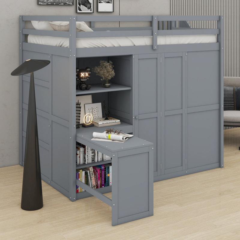Lit mezzanine en bois avec garde-robe, escalier de rangement, bureau et tablettes, Gris