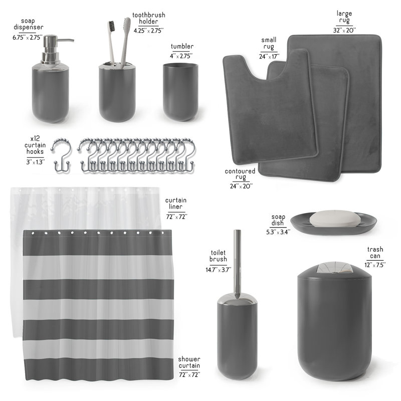 Ensemble complet d'accessoires de salle de bain 23 pièces avec tapis de bain, ensemble de rideau de douche, doublure et crochets