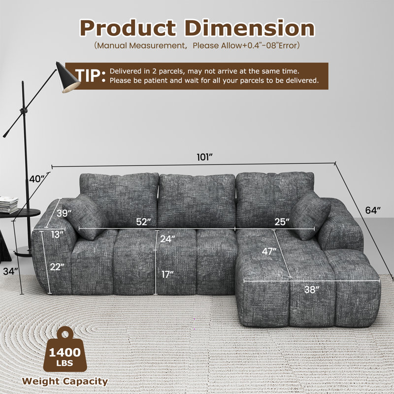 101" 2-Piece Chenille Upholstered Boneless Sectional, No Assembly Required Modern L-Shaped Couch Sofa Chaise