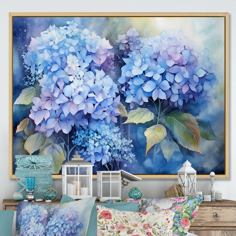«Blue Hydrangea Farmhouse Still Life I - Hydrangea», art mural, H 16 po x l 32 po x P 1 po, Cadre naturel flottant