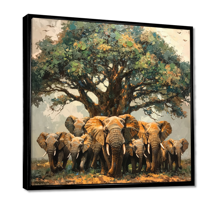 Éléphants d'Afrique par le baobab III - Éléphant, art mural, Impression encadrée flottante, Noir, noir, noir, noir