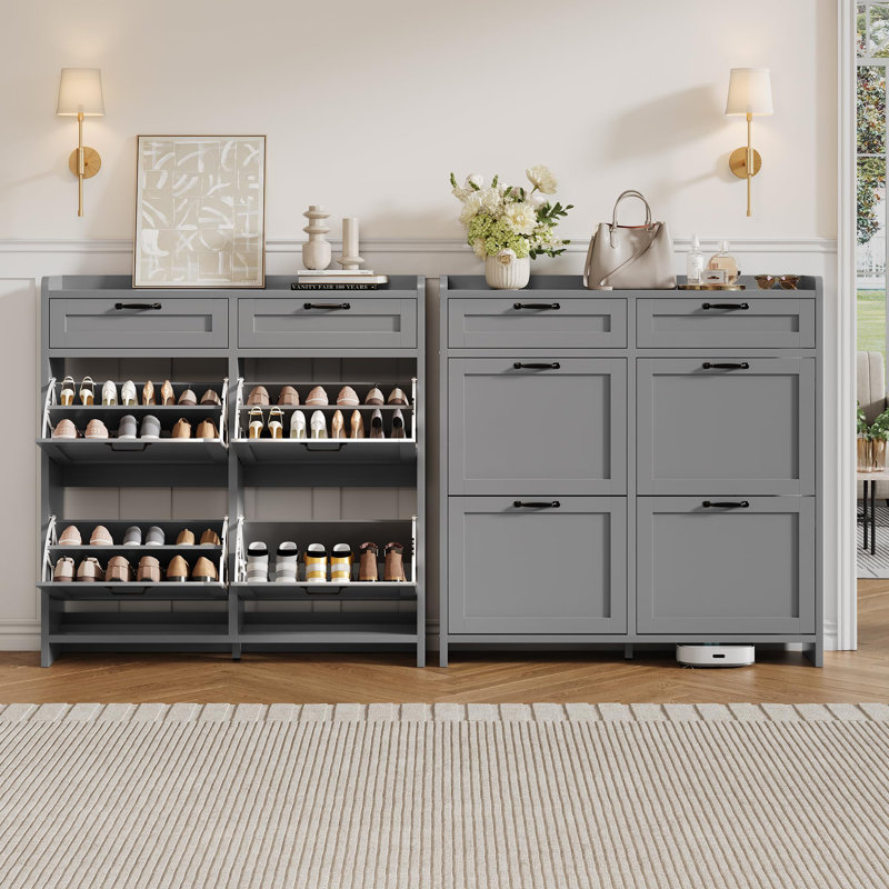 Shoe Cabinet with 4 Flip Drawers & 2 Top Drawers, Wooden Shoe Organizer Cabinet with Adjustable Shelf, Freestanding Shoe Storage Cabinets