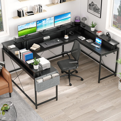 79" Reversible U Shaped Large Computer Desk LED Gaming Desk with Power Outlets and Monitor Stand