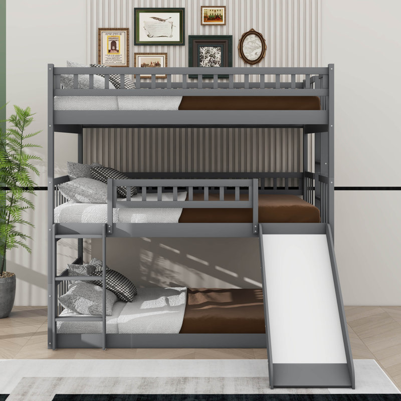 Triple Full-Size Stacked Bunk Bed With Built-In Ladder And Slide, Gray