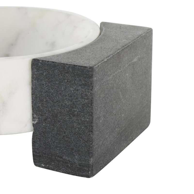 Cole And Grey Marble Round Geometric Tray With Black Rectangular Blocks, 3.1" H x 8.05" W x 5.9" D