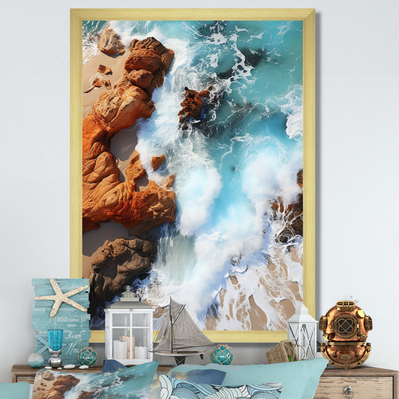 Blue Rocky Beach Aerial View II - Beach Wall Art, Gold Floater Frame, 32" H x 16" W x 1" D