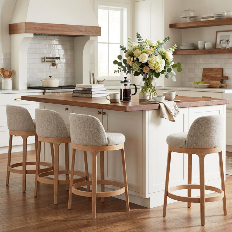 Tabouret de comptoir avec dossier ergonomique Elio, 4, Siège beige / structure naturelle