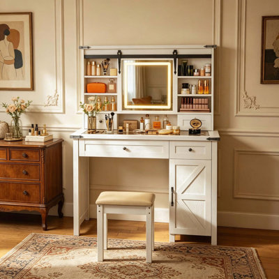 Vanity Set with LED Mirror and Cushioned Stool
