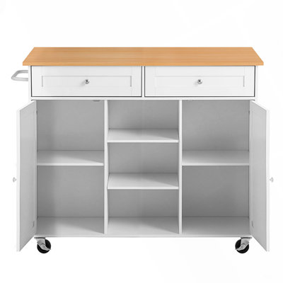 Kitchen Island Cart with Storage, 45.67 in Wide Mobile Rolling Storage Island on Swivel Wheels, with 2 Drawers, Storage Cabinet, Drop Leaf, Towel Rack