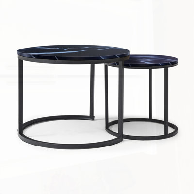 Set 2 Nesting Circular Round Marble Pattern Wooden Coffee Tables for Modern Living Rooms and Bedrooms, Space-Saving and Stylish