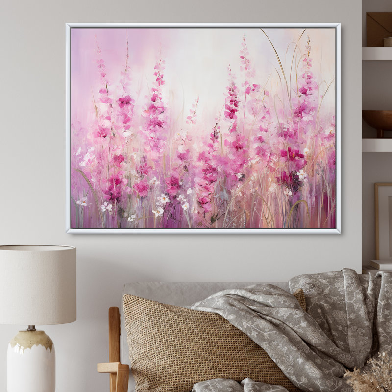 «Fuschia Country Charm Flowers» sur toile, Cadre flottant blanc, H 34 po x l 44 po x P 1,5 po