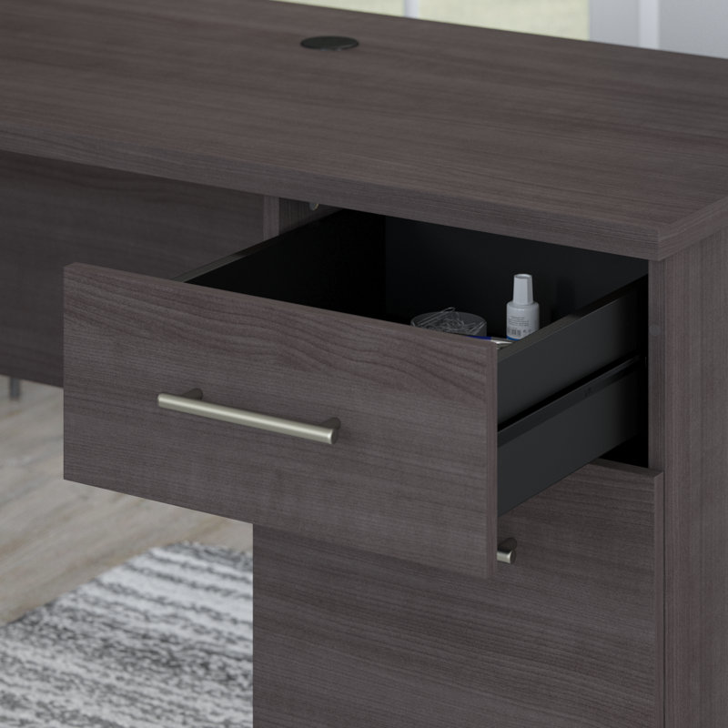 Bureau pour travailler debout en L à trois positions l 72 po avec rehausse et bibliothèque Magomed, Gris orage