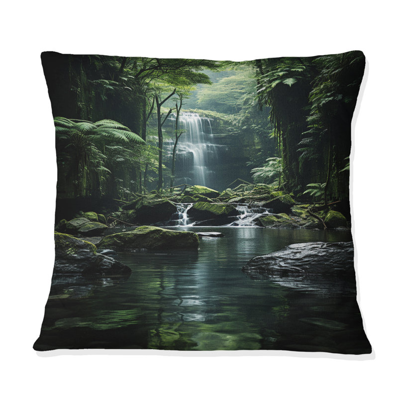 Waterfall Hidden Oasis Forest II - Waterfall Printed Throw Pillow, 18" x 18"