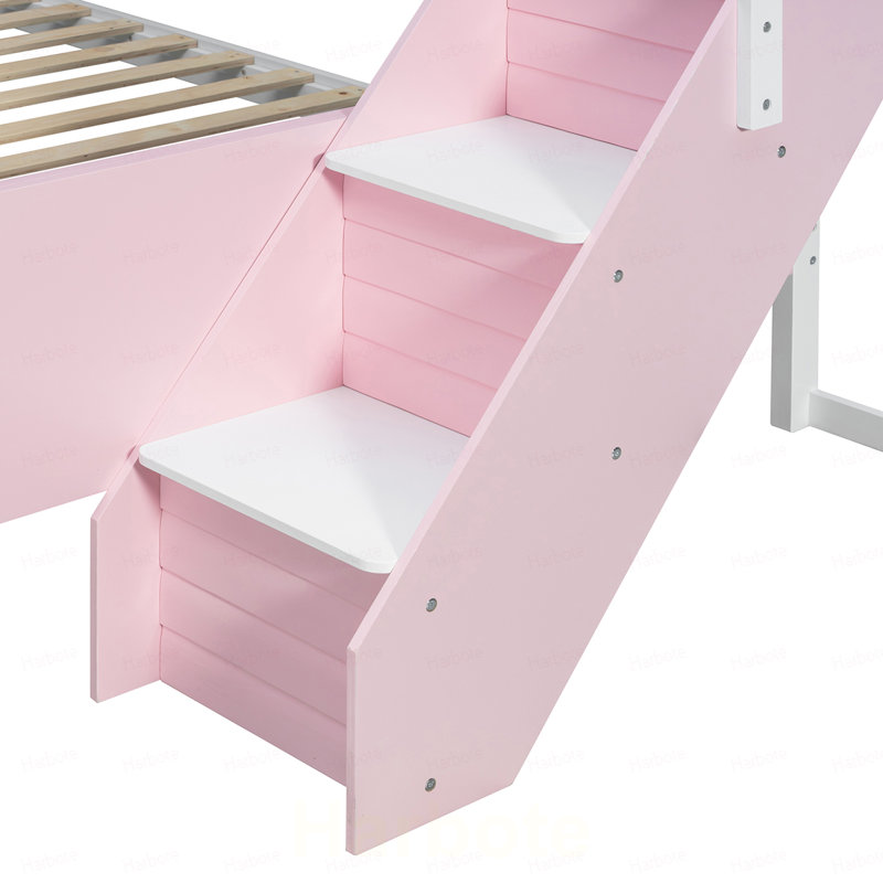Lit double superposé au-dessus de grand lit double avec escalier à rayures et tablettes latérales, Rose