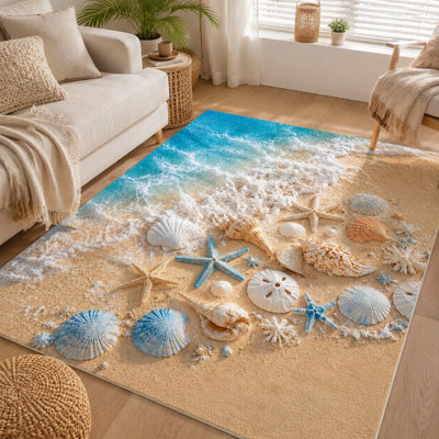 1Pcs Ocean Wave Seashell Starfish Beach Rug - Realistic Seascape Design, Soft Plush Carpet, Non-Slip Backing, Washable Area for Living Room, Bedroom, House Decor for home detor