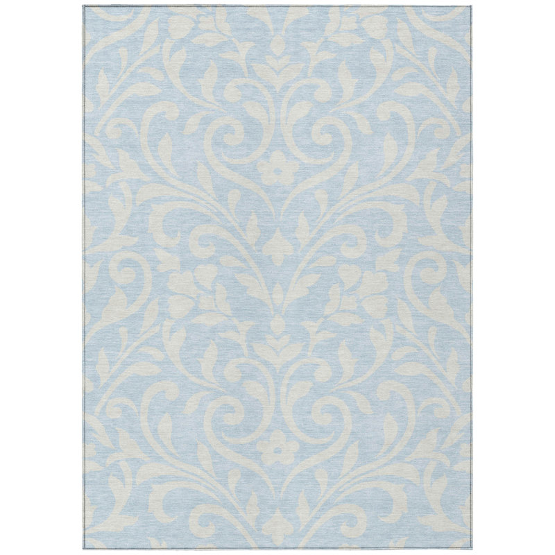 3' X 5' Sky Blue And Ivory Floral Washable Indoor Outdoor Area Rug