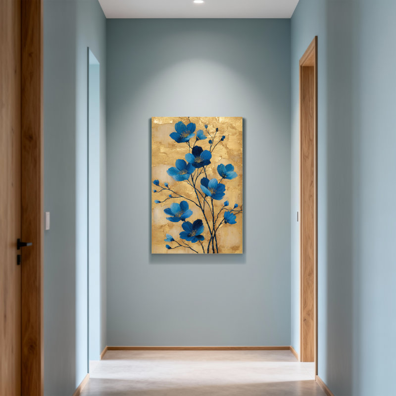 Plantes et fleurs fleurs bleues sur fond doré, H 28 po x l 40 po
