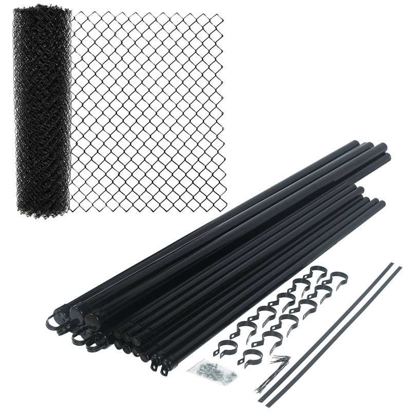 Clôture à mailles en acier galvanisé - Ensemble complet - Argent de calibre 11,5 AW - Noir calibre 9,5 AW, L 50 pi x H 6 pi