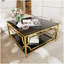 Table basse carrée en verre de 33,5 po, structure géométrique luxueuse en métal, finition dorée et tablette inférieure-104720400-150844951