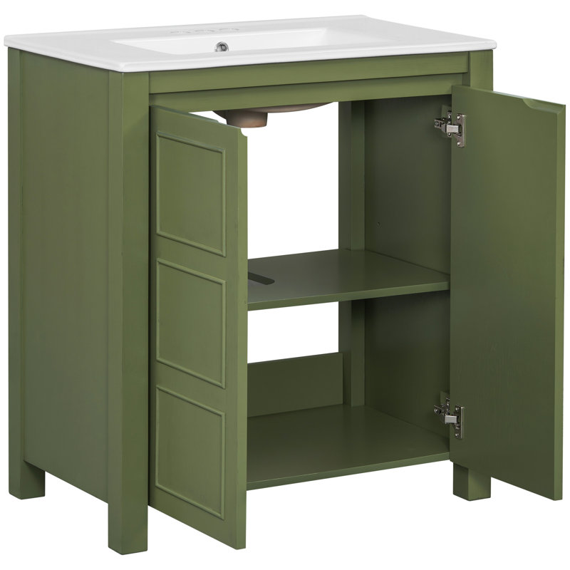 Meuble-lavabo de style rustique de 30 pouces avec lavabo en céramique, poignées de porte dissimulées, tablette réglable et charnières à fermeture en douceur 30 po avec finition olive et tablettes