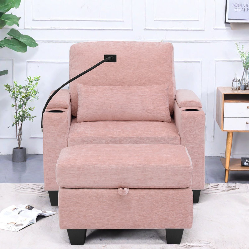 Fauteuil inclinable multifonctionnel rose avec rangement et port USB pour la maison