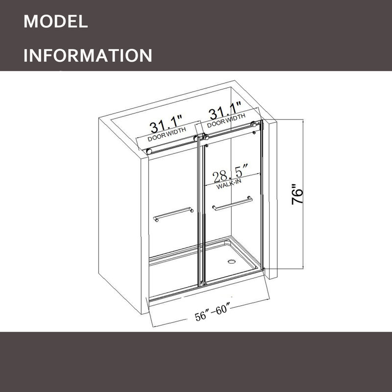 Porte de douche sans cadre l 56 po x H 76 po, Nickel brossé