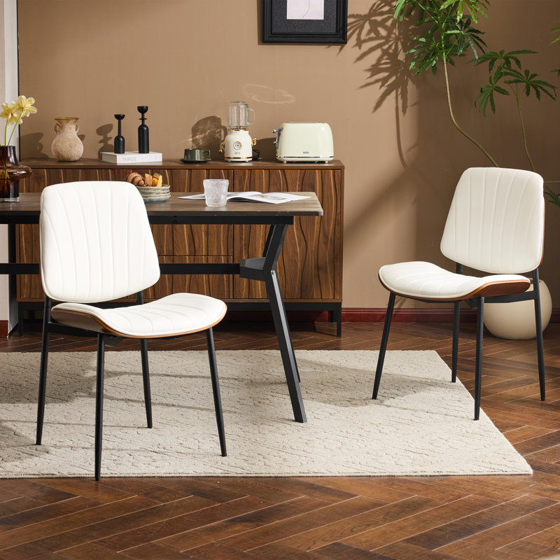 Chaises de salle à manger rembourrées en cuir massif Mid Century, Blanc