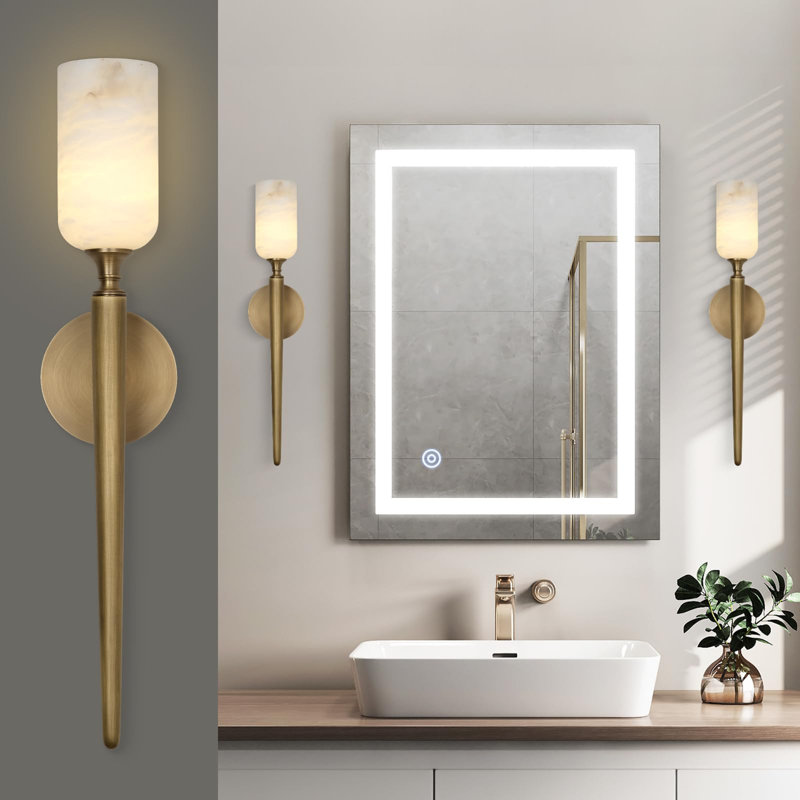 1 - Light Dimmable Solid Brass Wallchiere with Alabaster Shade, Gold