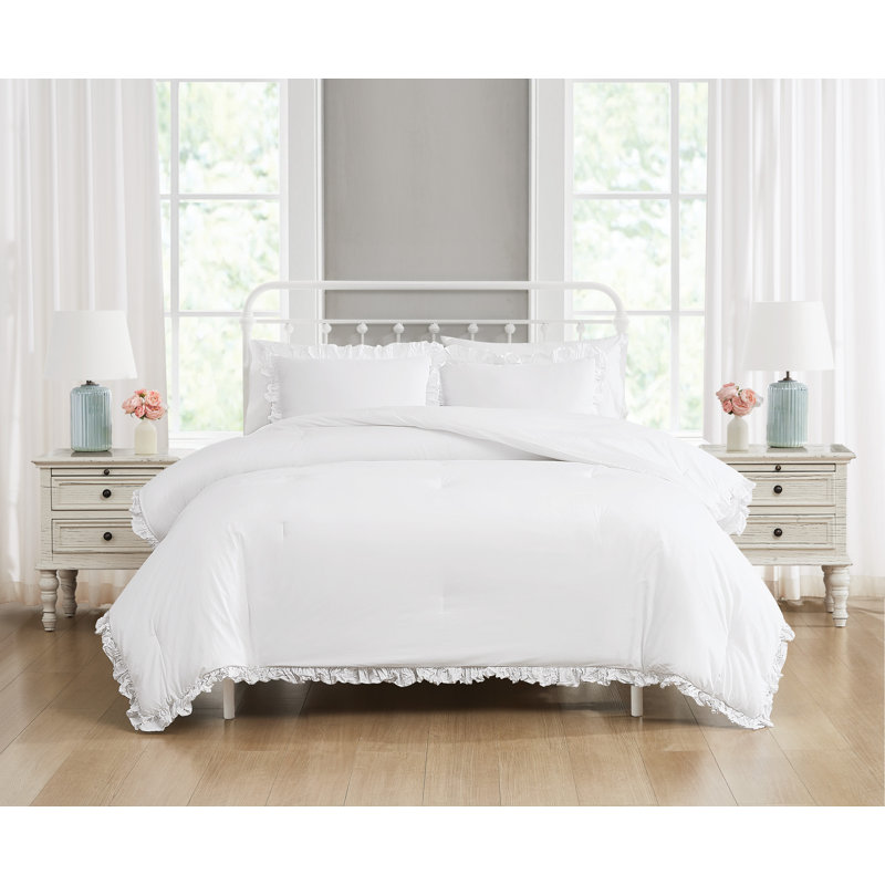 The Farmhouse by Rachel Ashwel Ruffled Washed Cotton White Comforter Set, Full Comforter + 2 Standard Shams