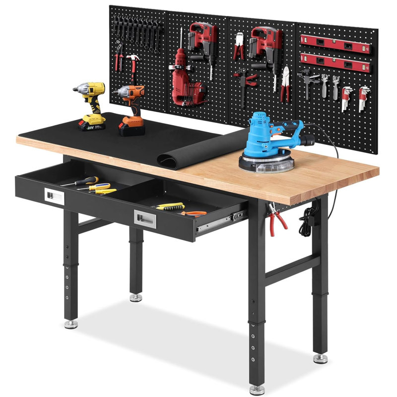 Établi de travail avec rangement Établis réglables avec tiroir pour garage Établi de garage à dessus en bois d'hévéa avec panneau perforé, prises de courant