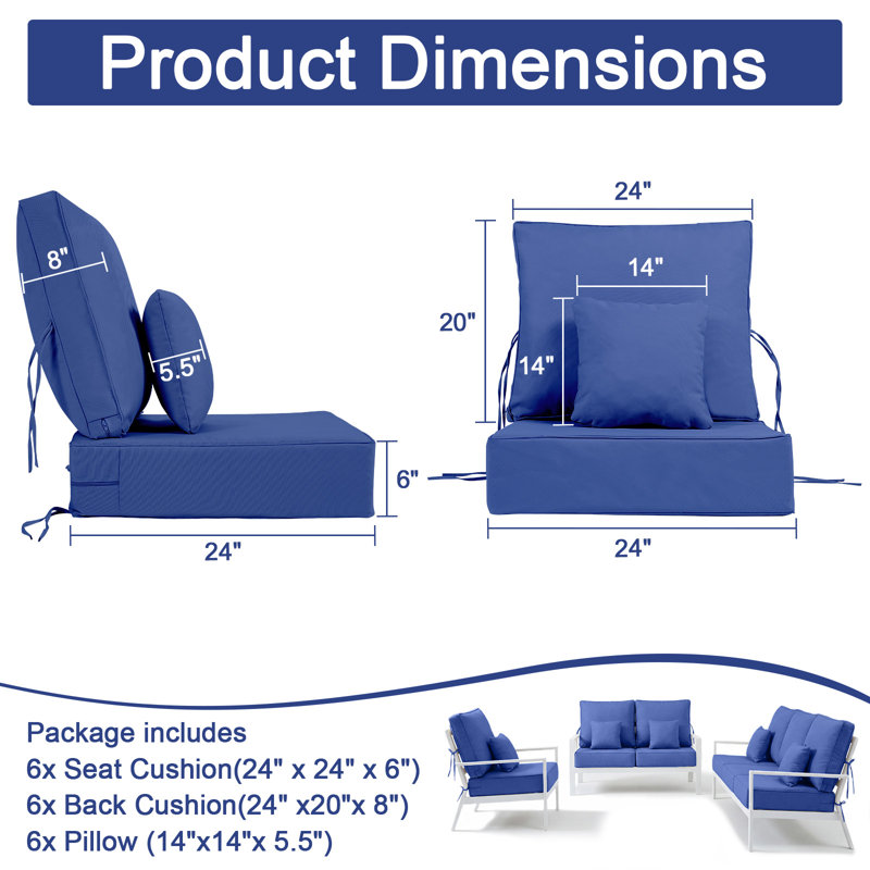 Back & Seat Patio Cushions For Outdoor Furniture 24 X 24  X 6  Inch, Outdoor Replacement Cushion Set Of 5, Weather Resistant Patio Chair Cushions With Removable Cover And Straps, Navy Blue