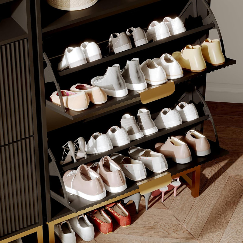 Narrow Shoe Cabinet Storage for Entryway, Modern Fluted Shoe Rack Organizer with 2 Flip Drawers and an Open Shelf for Hallway, Living Room
