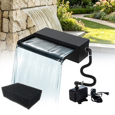 316 Stainless Steel Gravity-Fed Waterfall Spillway with Pump and Detachable Filter Sponge, Self-Leveling No-Splash Curtain, Open Lid Easy Clean, Outdoor Waterfall Kit for Pond, Garden, Pool